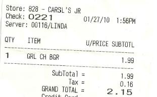 Carl's Jr. Grilled Cheese Bacon Burger Receipt