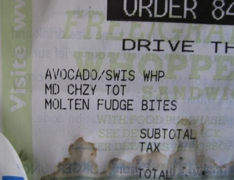 Burger King Cheesy Tots Receipt