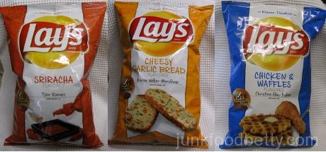 Lay's Do Us a Flavor Finalists Sriracha, Cheesy Garlic Bread and Chicken & Waffles Potato Chips Bags